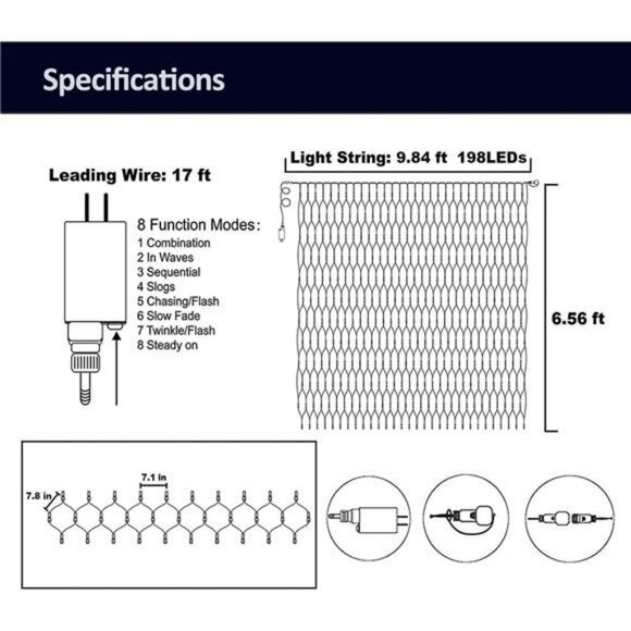 198 Led 9.8ft x 6.6ft Net Lights, Connectable 8 Lighting Twinkle Modes Lights - Picture 2 of 7